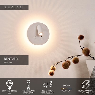 Lucide BENTJER - Bedlamp / Wandlamp - Ø 14 cm - LED - 3000K - Wit
